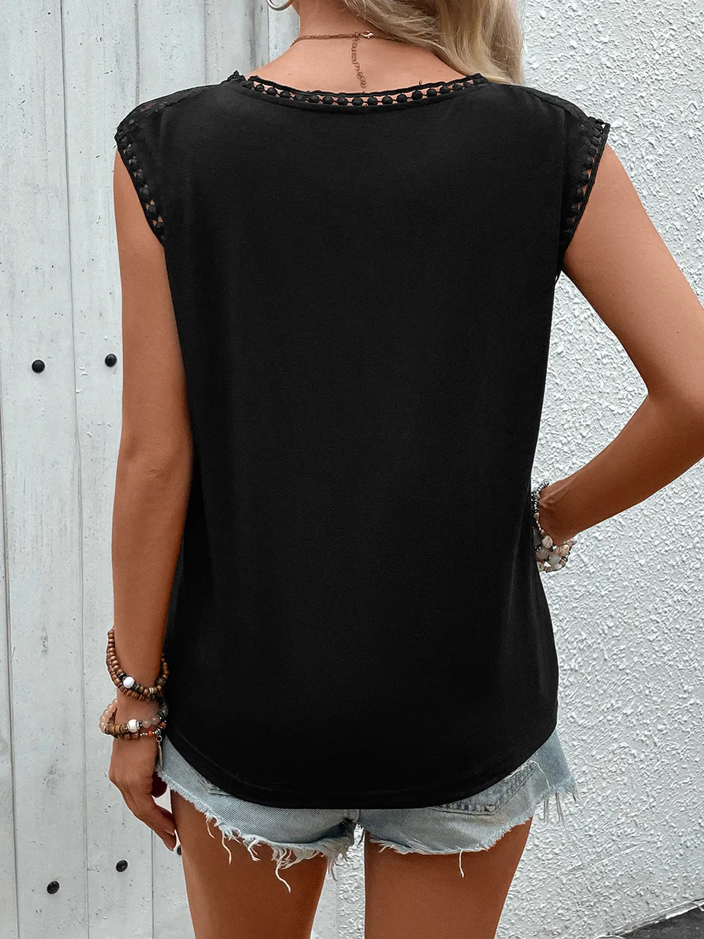 Lace Round Neck Cap Sleeve T-Shirt, image 5