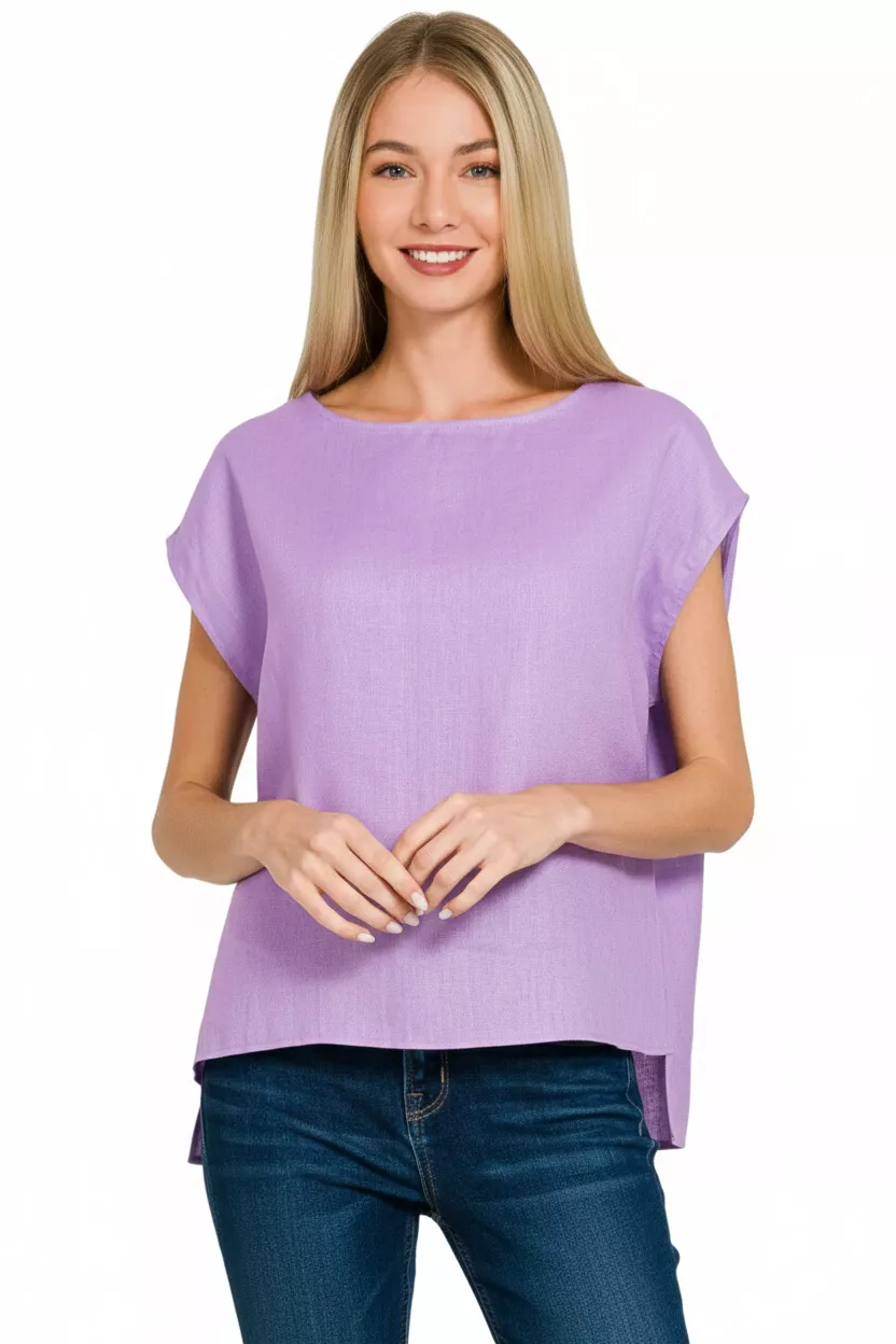 Linen Round Neck Cap Sleeve Top, image 2
