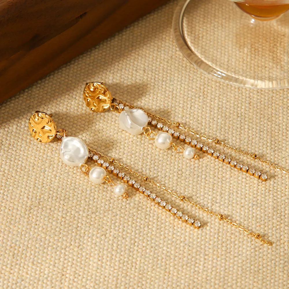 18K Gold-Plated Zircon Pearl Chain Earrings, image 2
