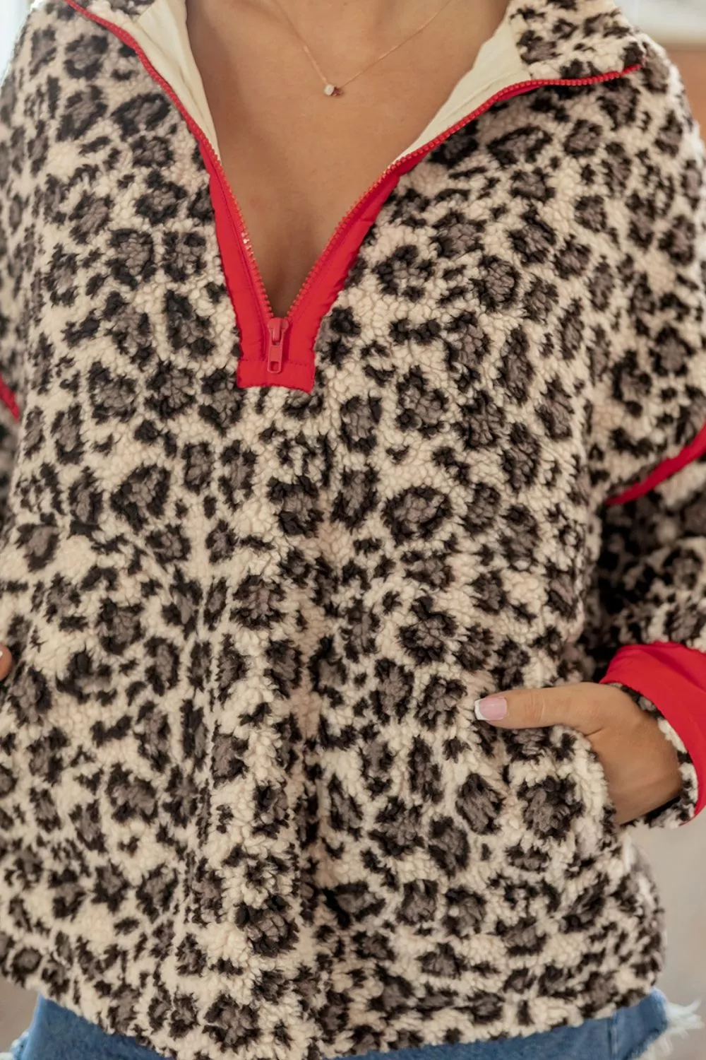 Leopard Print Zip-Up Red Accents Pockets Sweatshirt, image 7