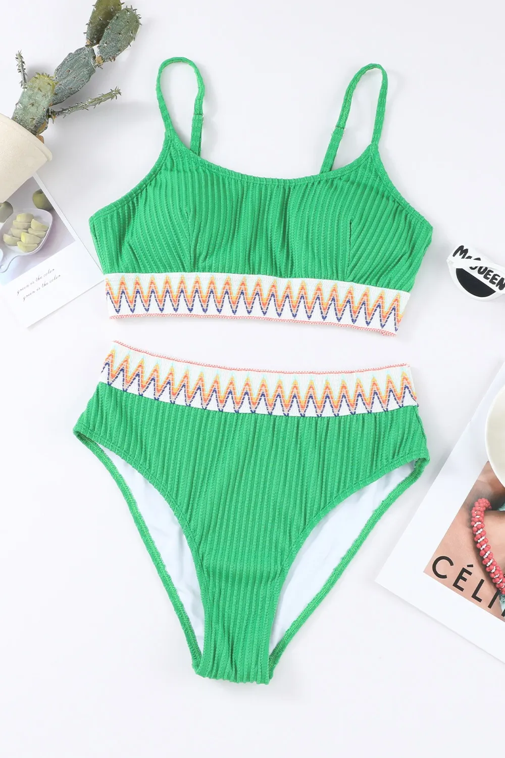 Textured Contrast Banding Bikini High Waist 2pcs Swimsuit, image 27