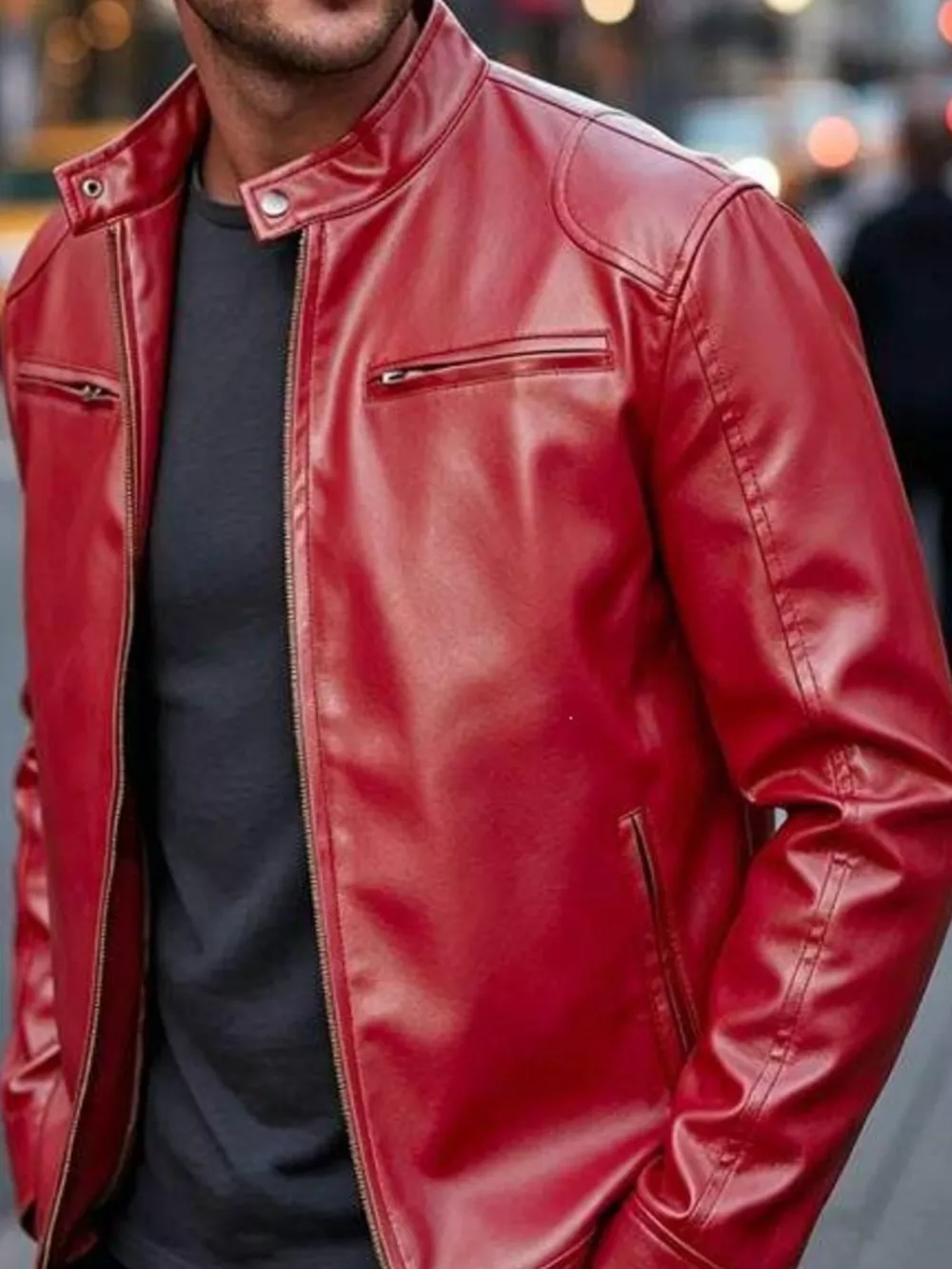Men's Full Size Faux Leather Bomber Jacket with Zipper Pockets Plus Size, image 3