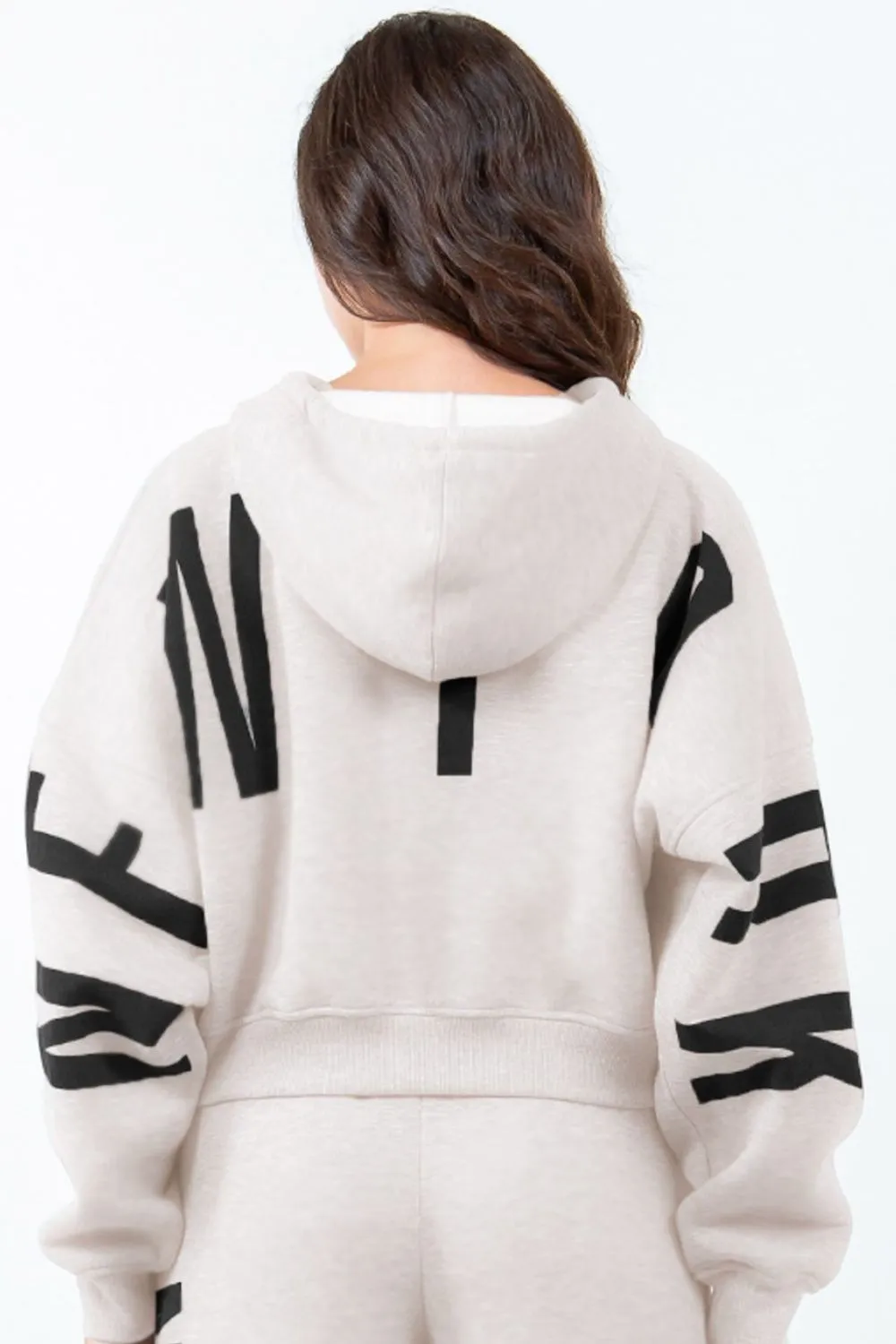 Letter Graphic Long Sleeve Drawstring Cropped Hoodie
