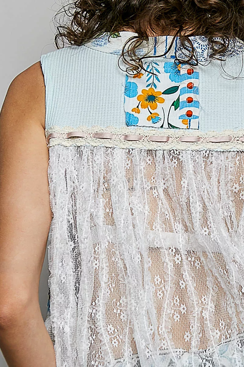 Floral V-Neck Sheer Tank with Lace Trim, image 6