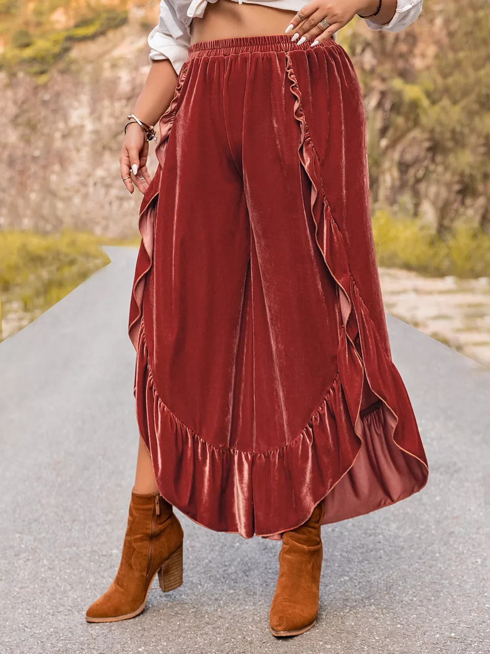 Plus Size Velvet Ruffle Hem Wide Leg Pants, image 6