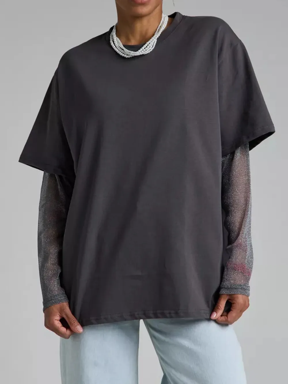 Faux Layered Round Neck Mesh Sleeve Top, image 4