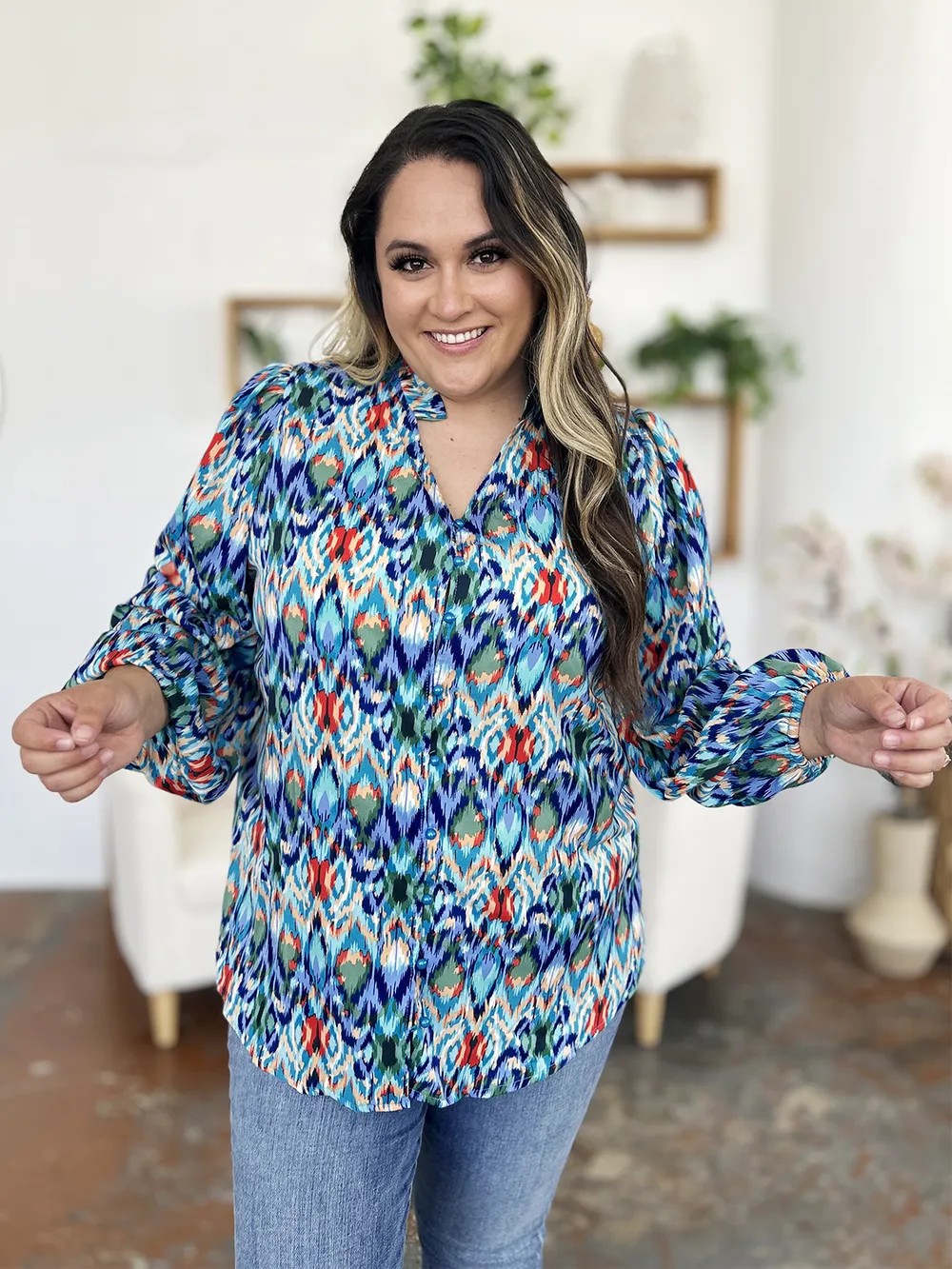 Full Size Printed Balloon Sleeve Blouse, image 10