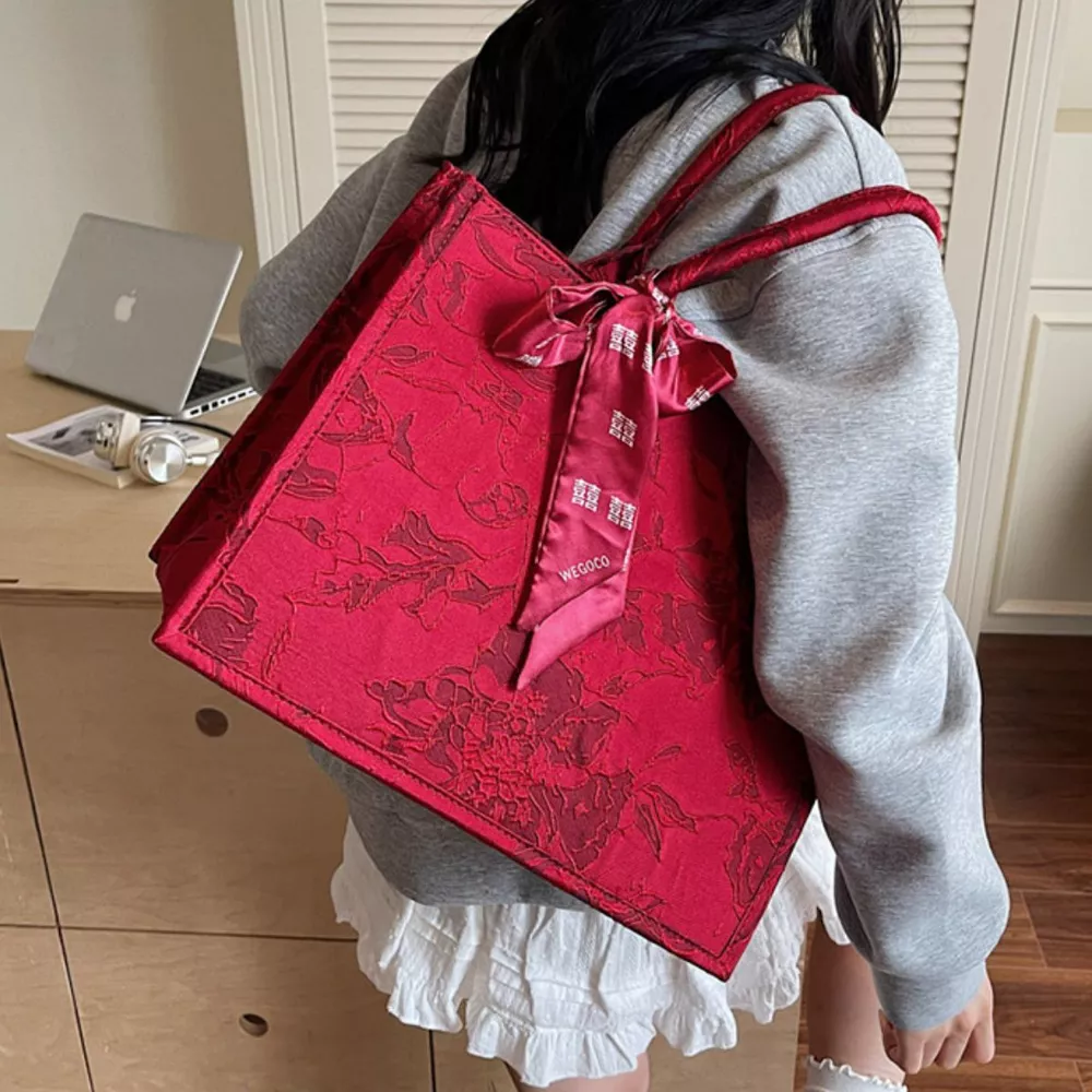 Floral Embossed Tote Handbag with Scarf Accent, image 2