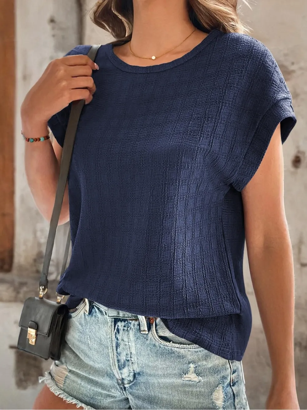 Textured Round Neck Short Sleeve Top, image 25