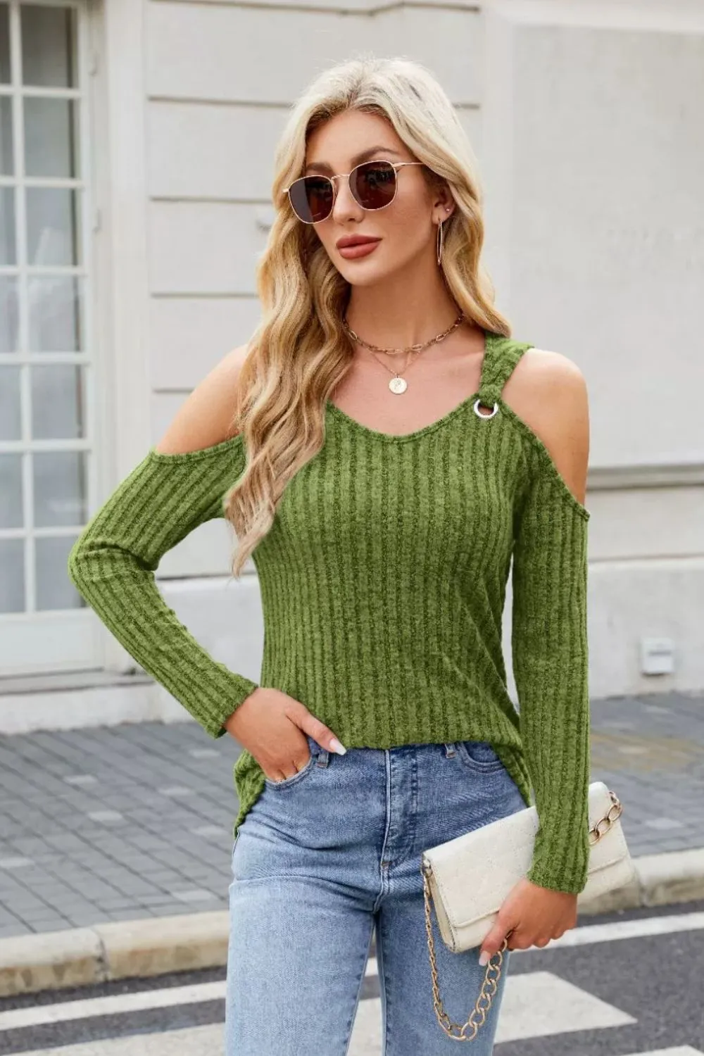 Ribbed Cold Shoulder Long Sleeve Top, image 7