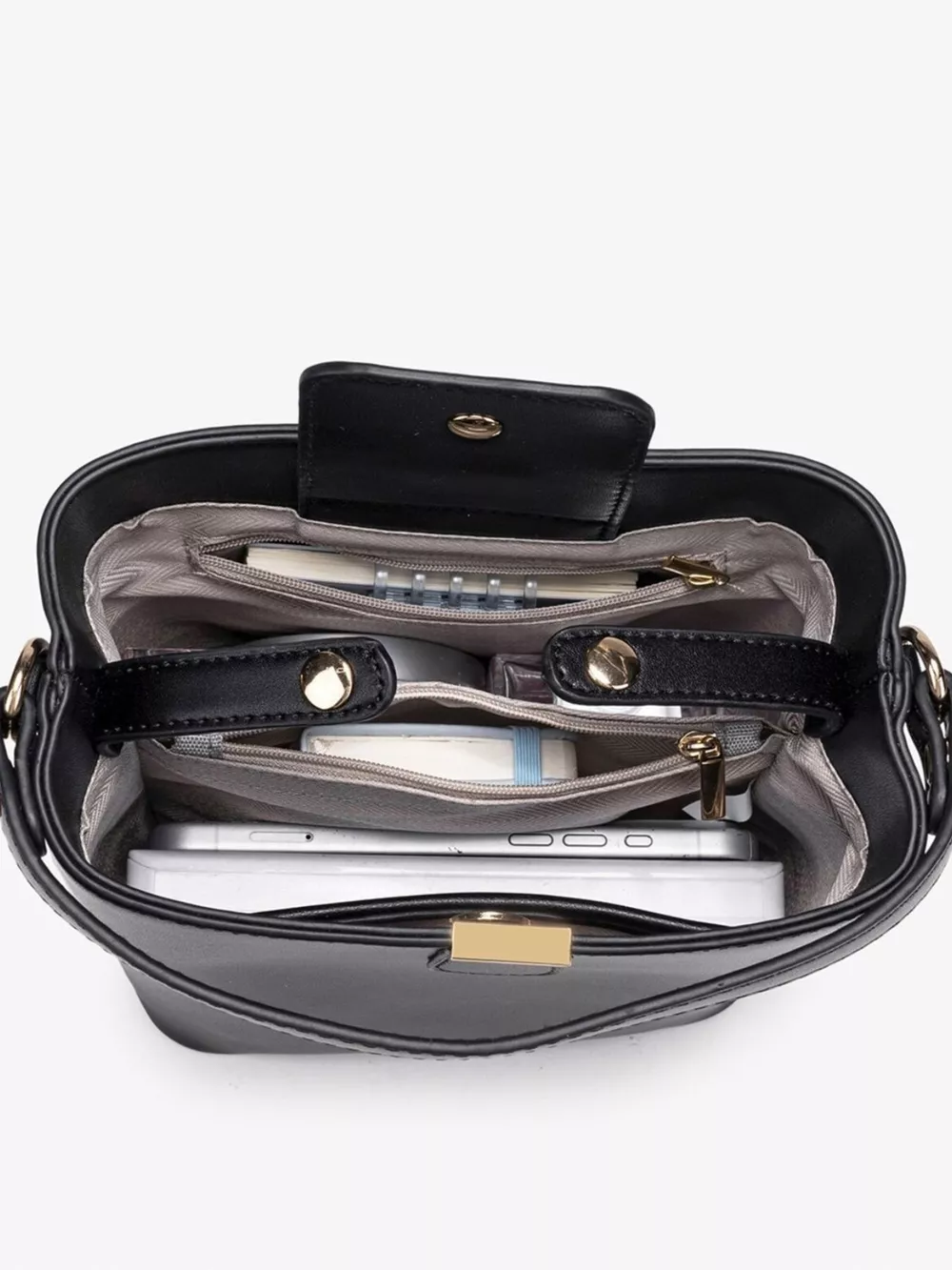 PU Leather Bucket Crossbody Bag with Gold-Tone Hardware, image 9
