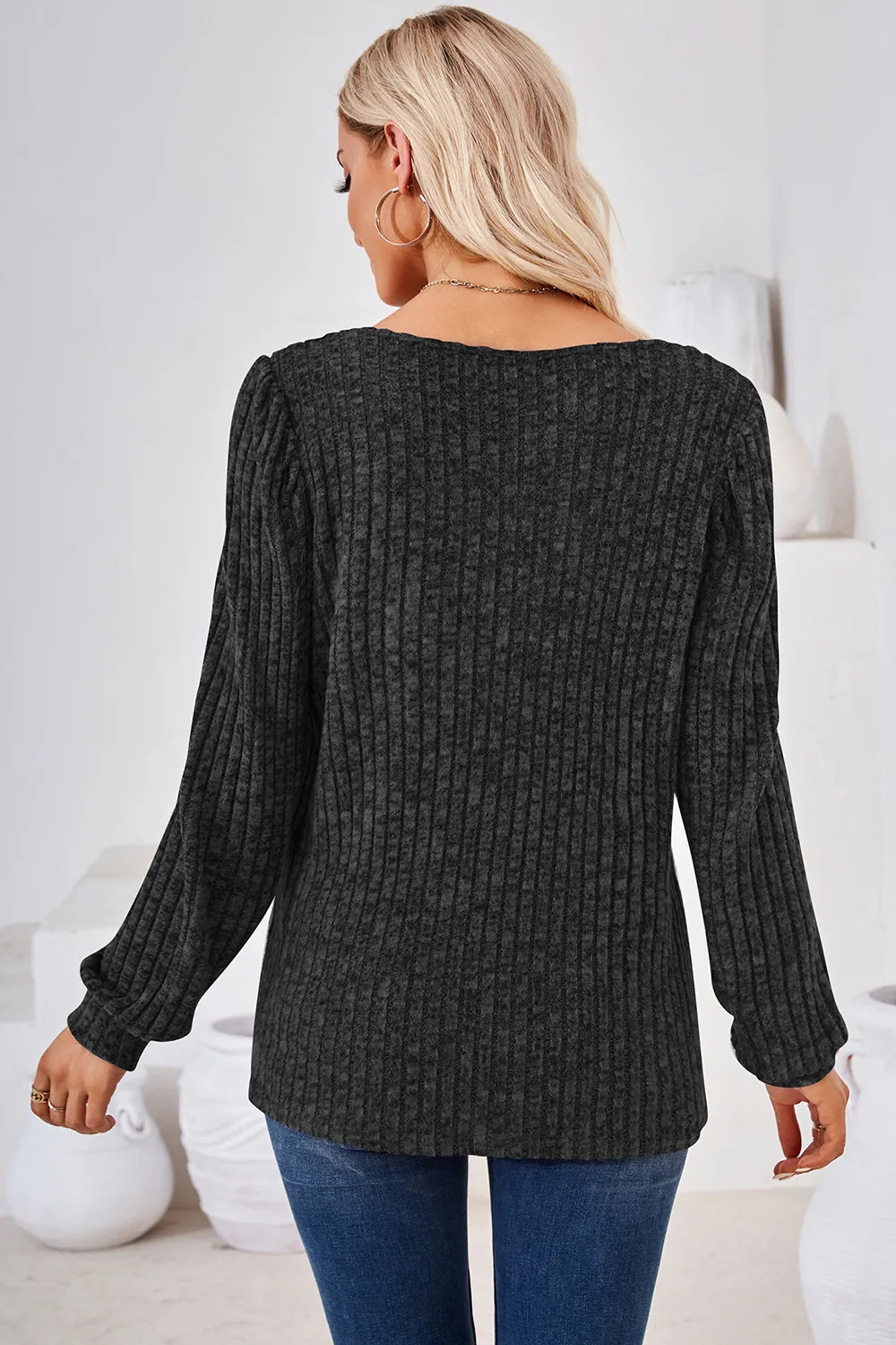 Ribbed Square Neck Long Sleeve T-Shirt, image 8