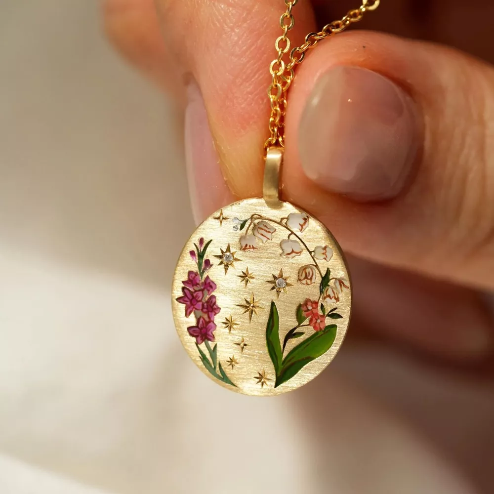 Titanium Steel Painted Oil Dripping Floral Oval Tarot Necklace, image 2