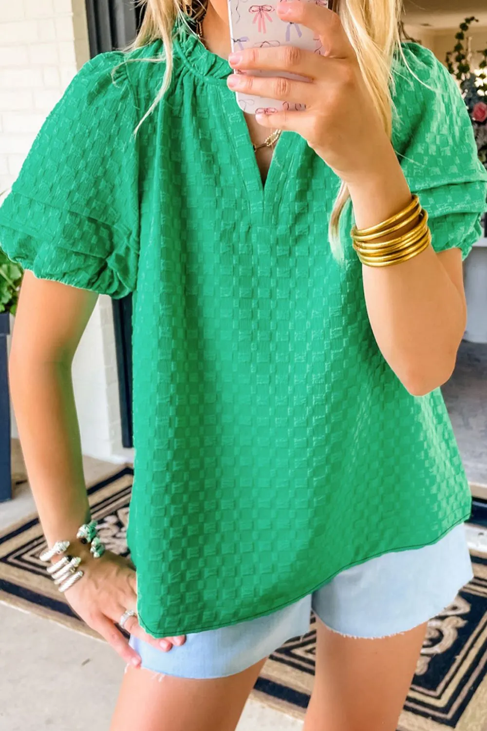 Textured Puff Short Sleeve Notched Top, image 7