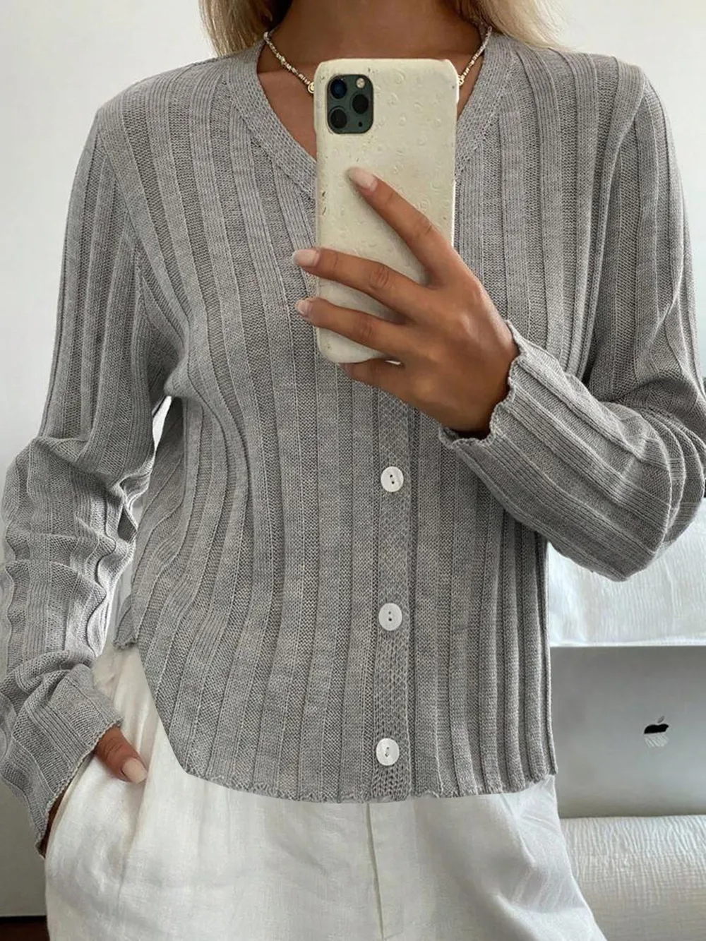 Ribbed Button-Up V-Neck Cardigan, image 5