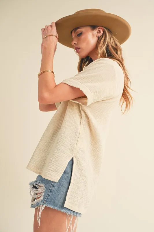 Side Slit Johnny Collar Short Sleeve Cotton Gauze Blouse, image 4