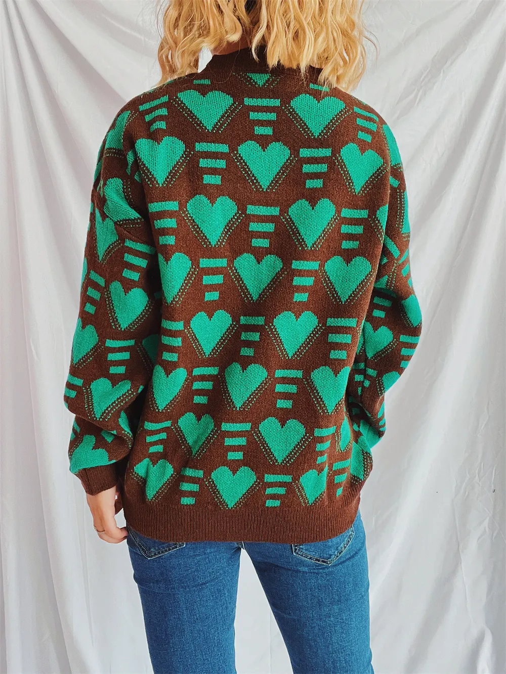 Heart Contrast Long Sleeve Dropped Shoulder Sweater, image 3