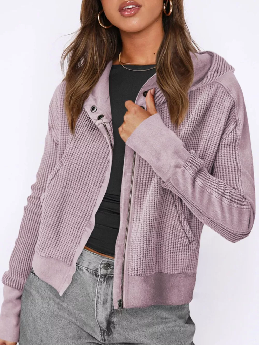 Waffle Knit Zip-Up Jacket, image 2