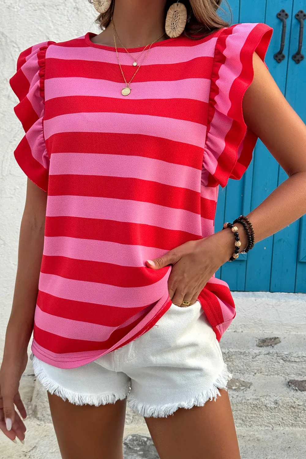 Striped Ruffle Sleeve Summer T-Shirt, image 9