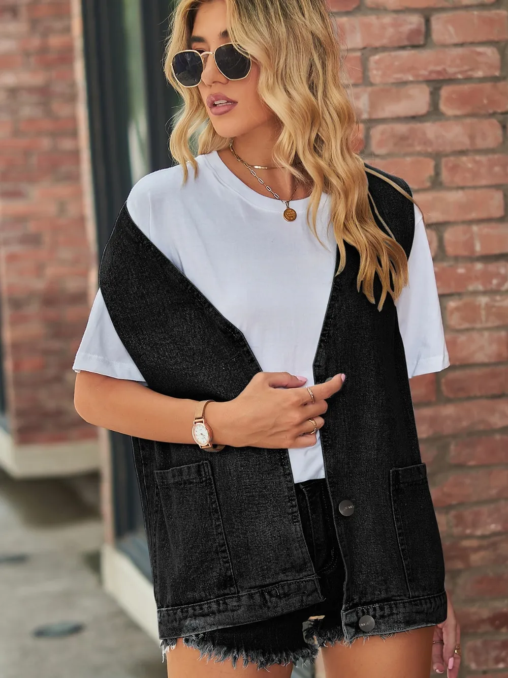 Full Size V-Neck Button Up Denim Vest, image 13