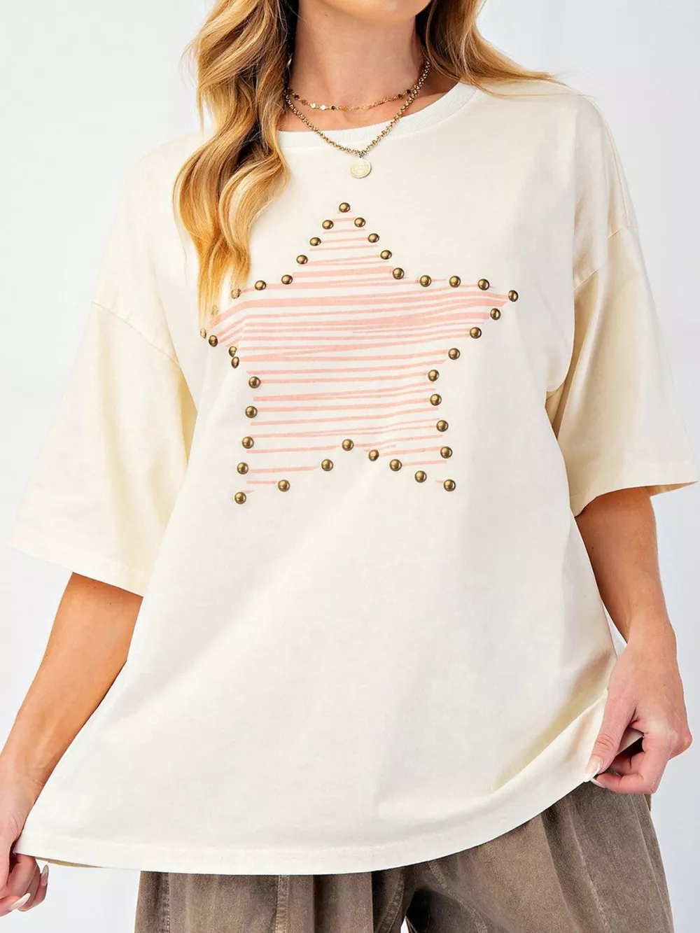 Star Print Stud Detail Cotton Jersey Top, image 3