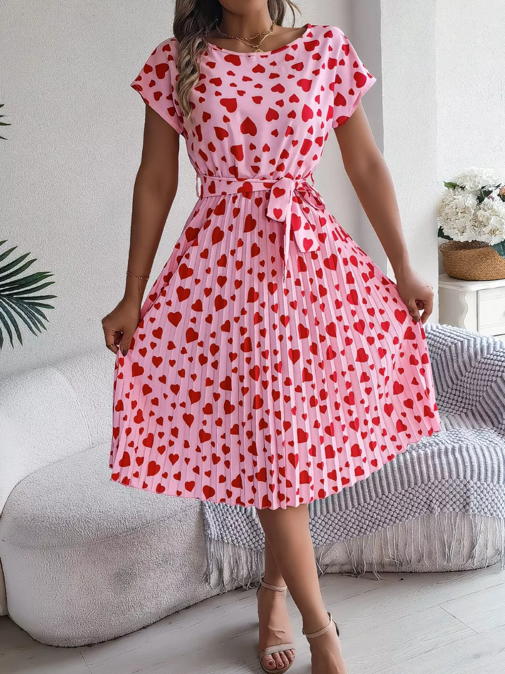 Heart Print Belted Pleated Midi Dress, image 7
