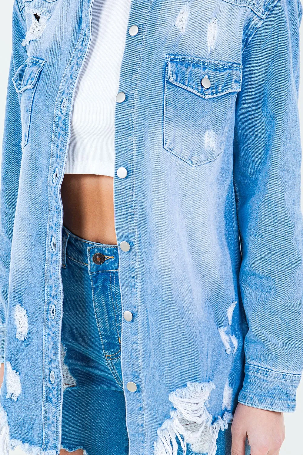Frayed Hem Distressed Denim Shirt Jacket, image 4
