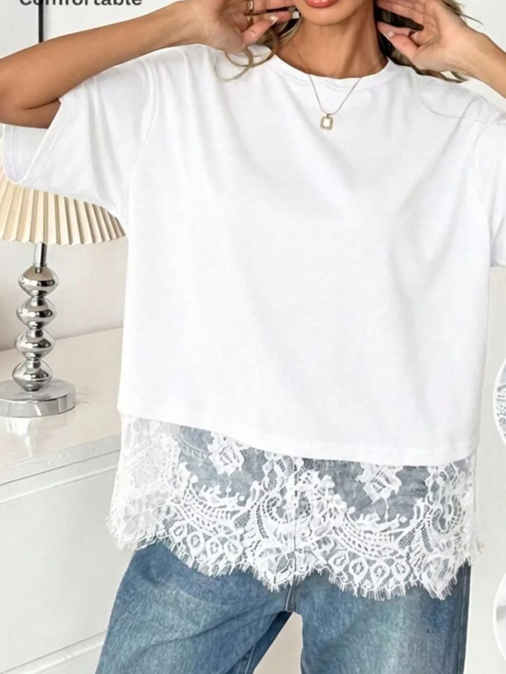 Lace Hem Round Neck T-Shirt, image 9