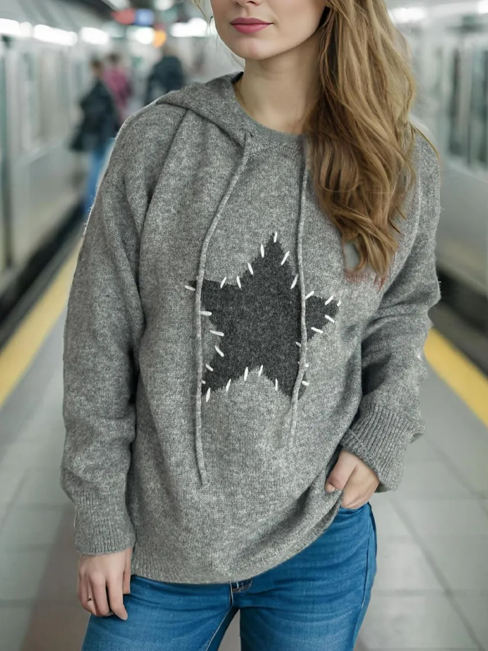 Drawstring Star Long Sleeve Hooded Sweater, image 5