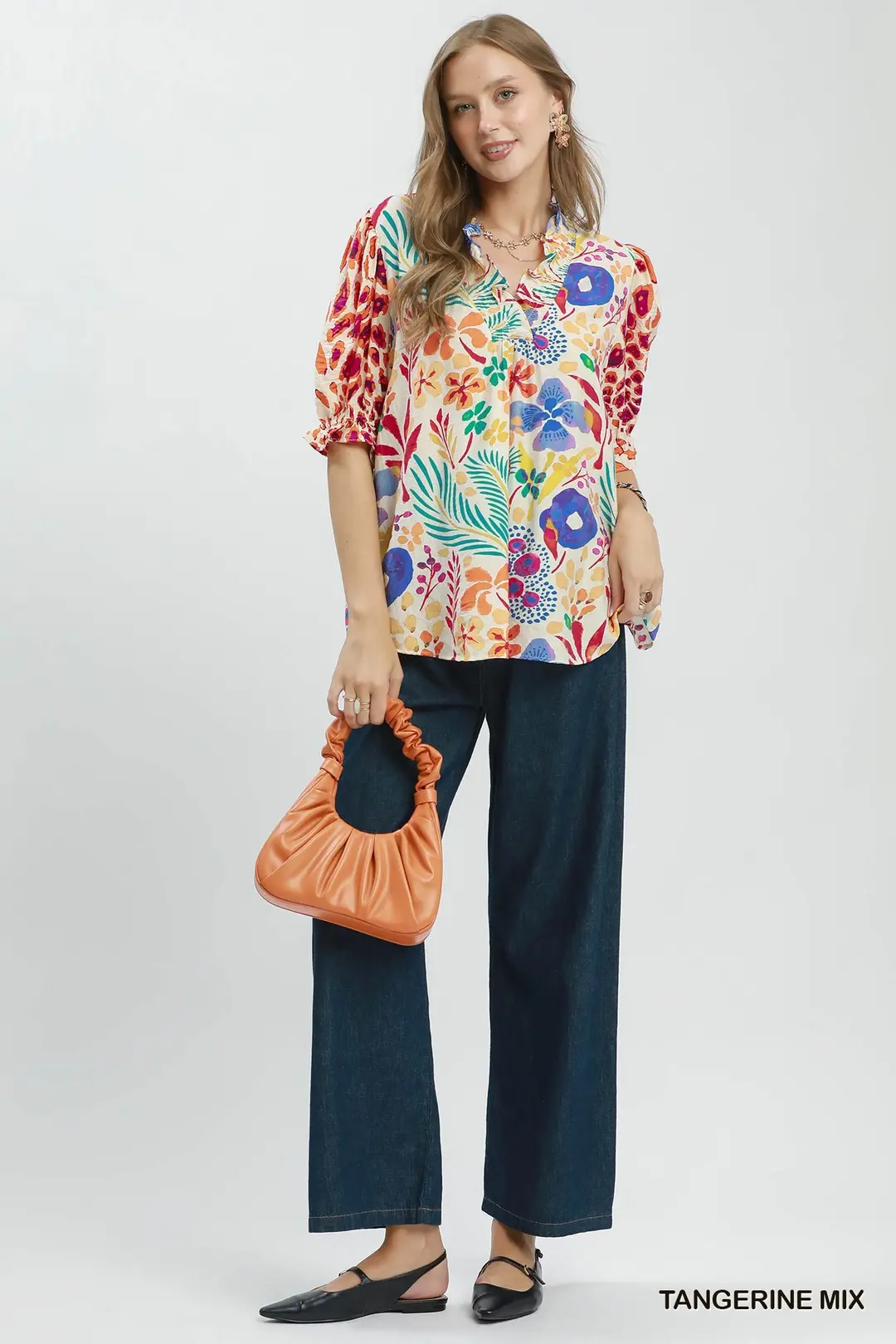 V-Neck Ruffle Trim Puff Sleeve Top, image 5