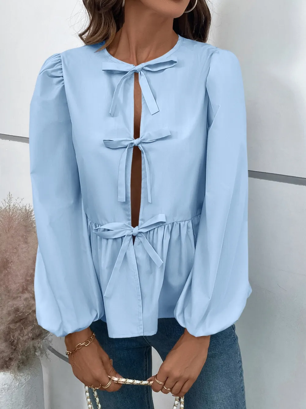 Peplum Tied Long Sleeve Blouse, image 25