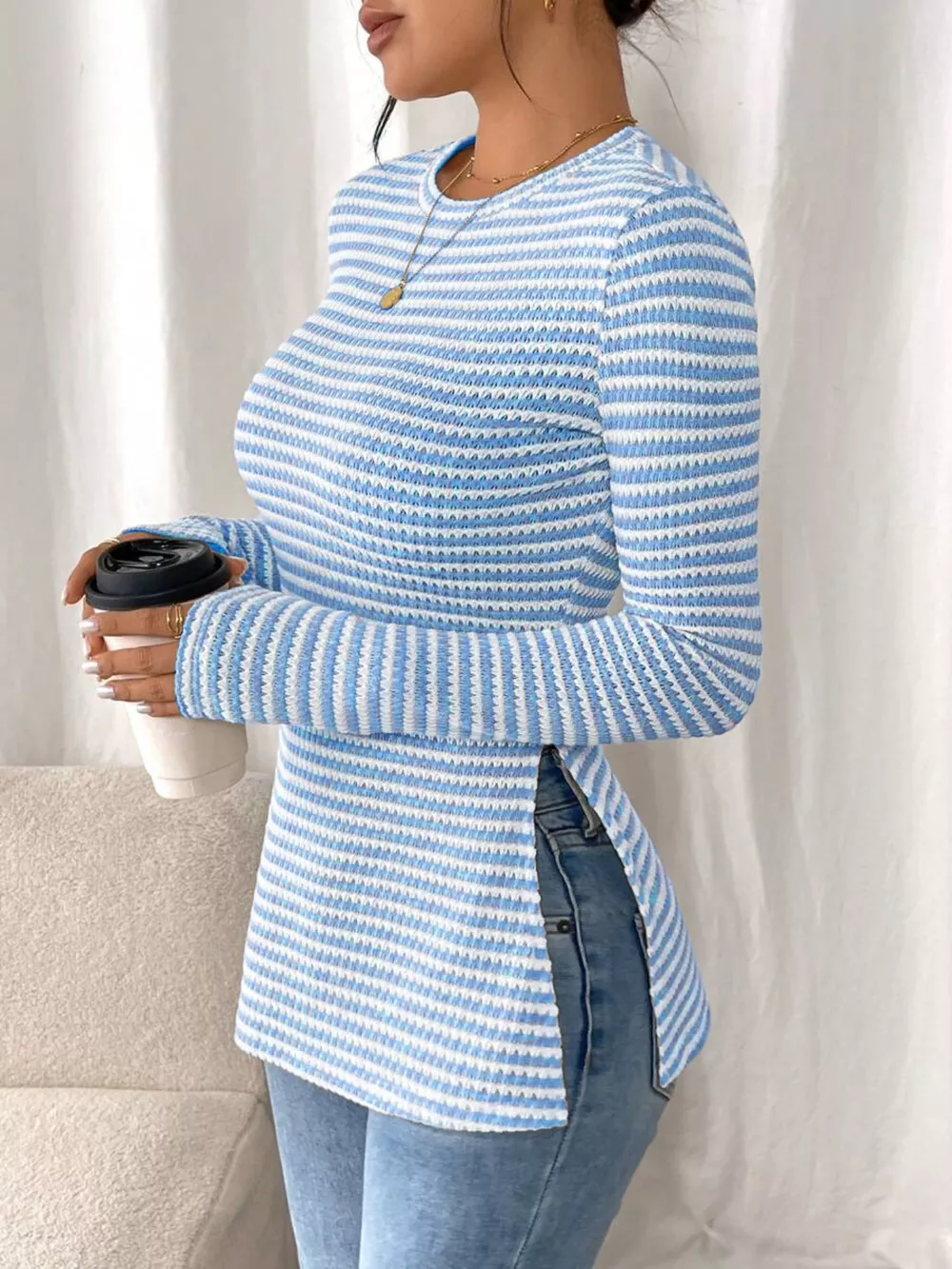 Slit Striped Long Sleeve Casual T-Shirt, image 17