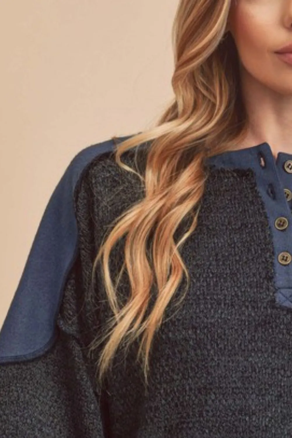 Side Slit Button Detail Contrast Shoulder Sweatshirt, image 2