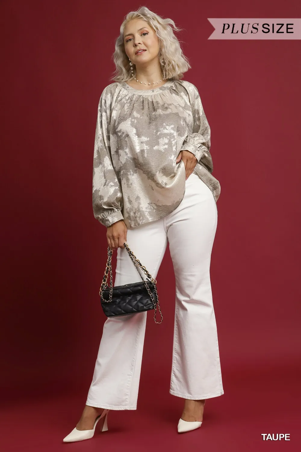 Full Size Metallic Fabric Blouse with Balloon Sleeves Plus Size, image 10