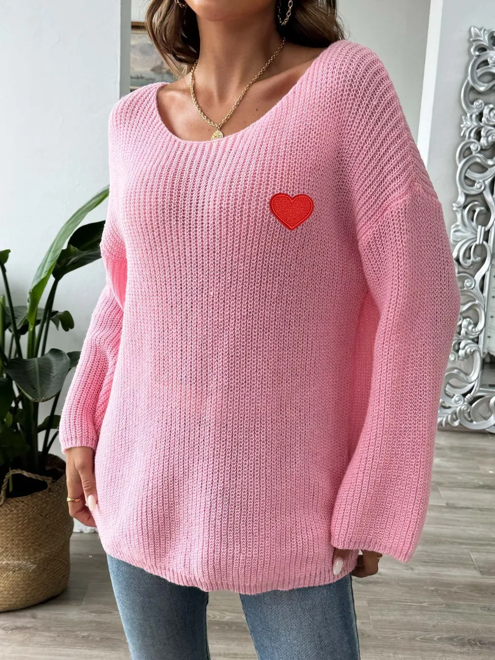 Heart Boat Neck Dropped Shoulder Sweater, image 11
