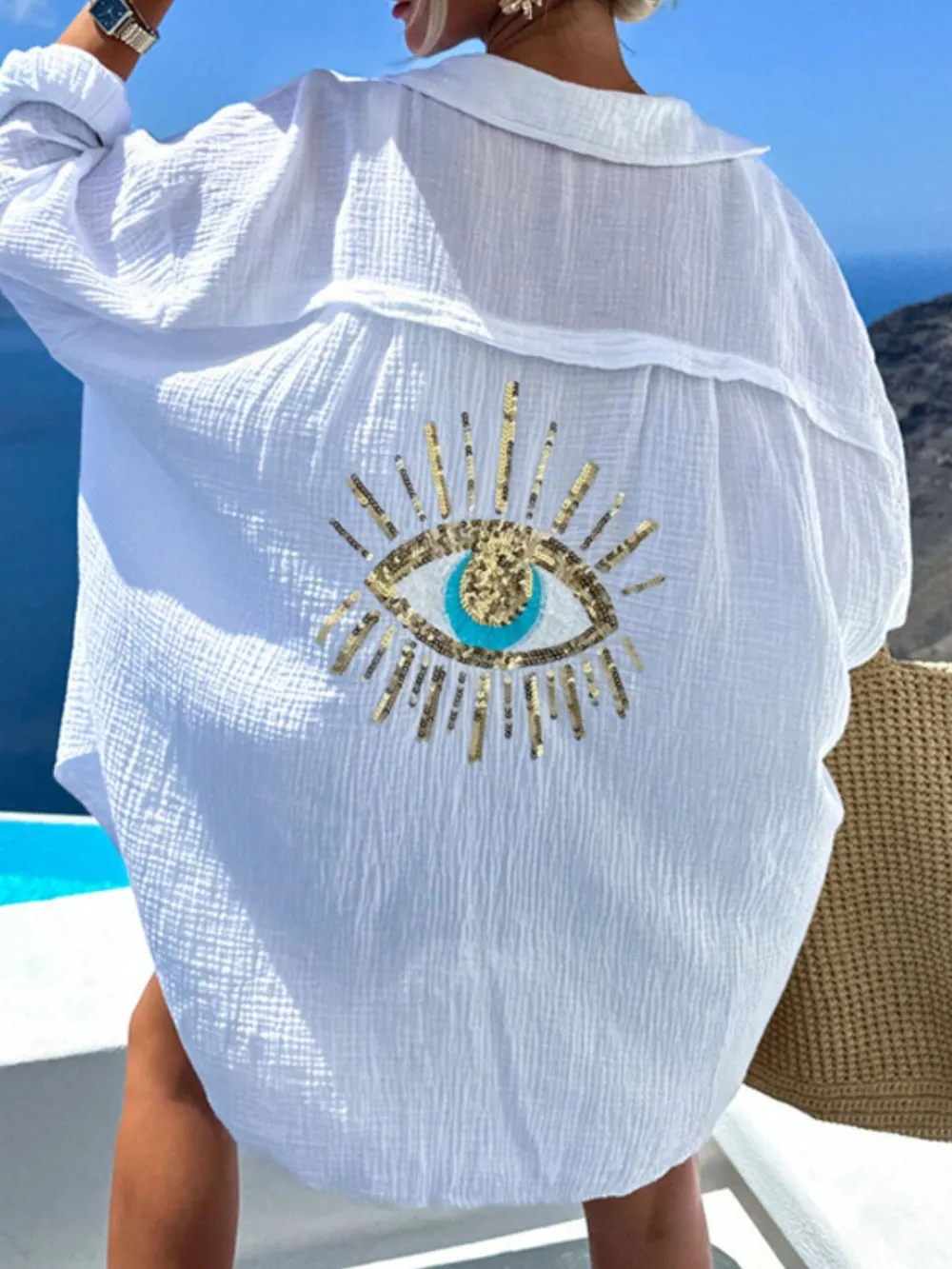 Evil Eye Embroidered Oversized Shirt, image 7