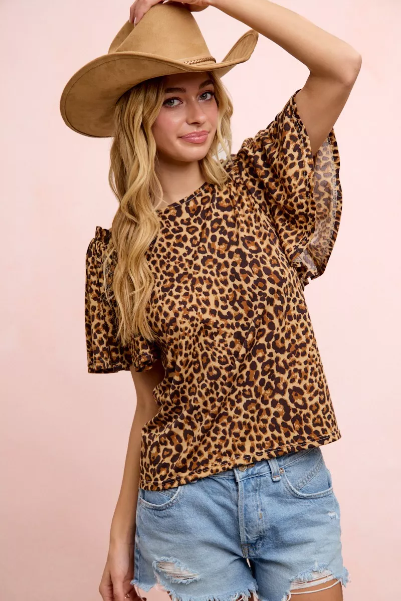 BiBi Leopard Printed Spandex Jersey Ruffle Sleeve Top, image 9