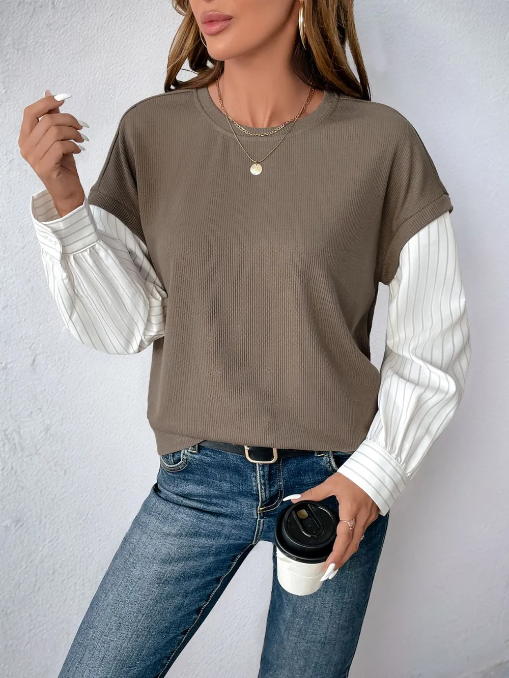 Round Neck Striped Sleeve Sweatshirt, image 6