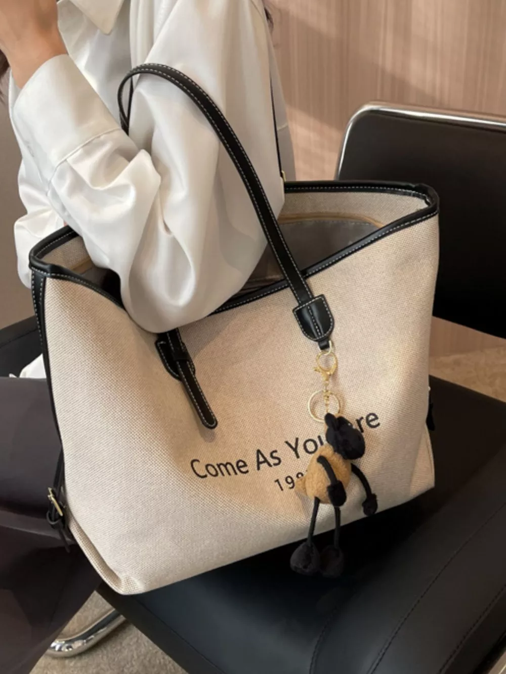 Canvas Tote Shoulder Bag with Charm, image 5