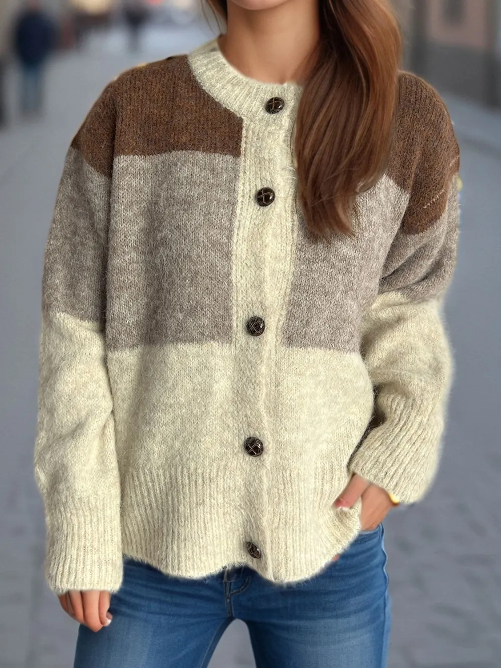 Color Block Round Neck Button Up Cardigan, image 16