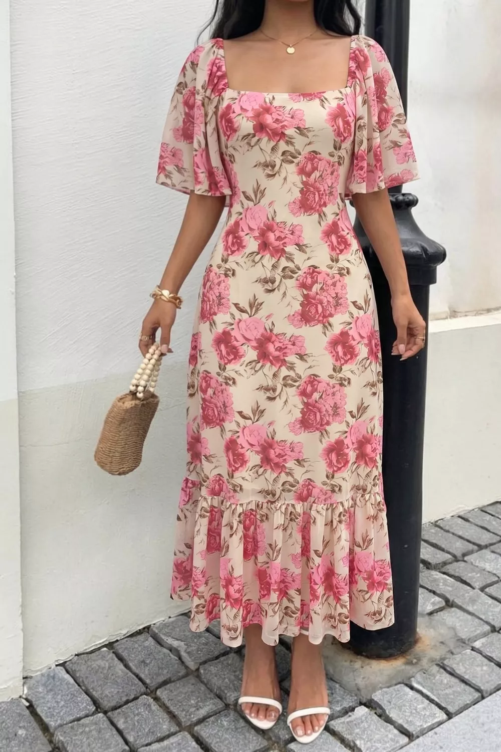 Floral Print Ruffle Hem Flutter Sleeve Dress, image 2