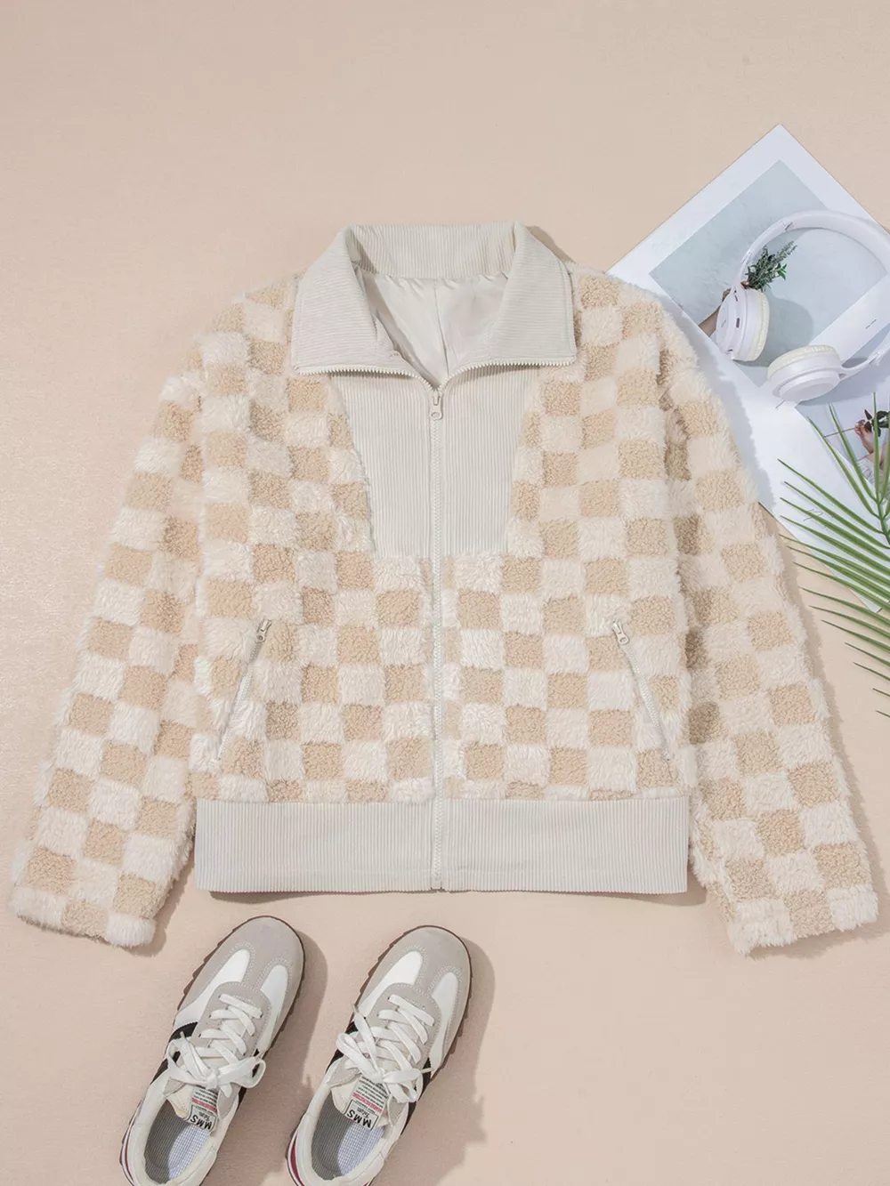 Checker Sherpa Corduroy Patchwork Zip Up Jacket, image 6