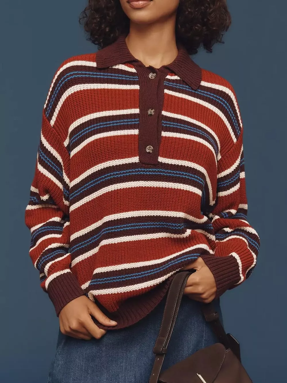 Striped Button Detail Polo Collar Sweater, image 5