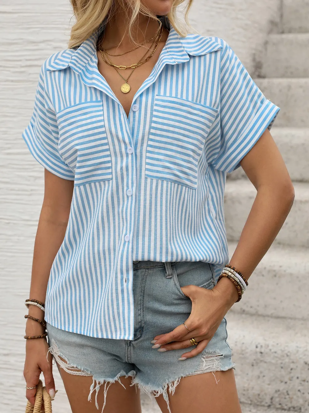Striped Collared Neck Short Sleeve Shirt