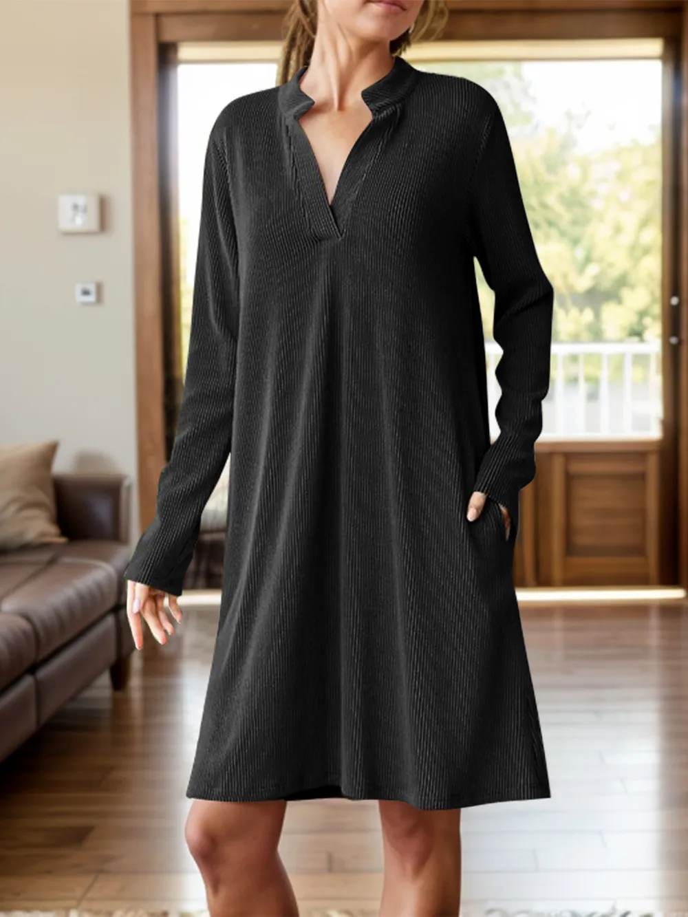Notched Long Sleeve Mini Dress with Pockets, image 18