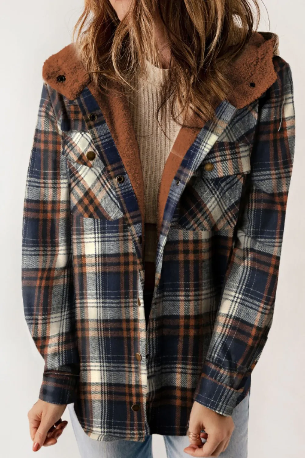 Plaid Button Up Long Sleeve Hooded Jacket, image 8
