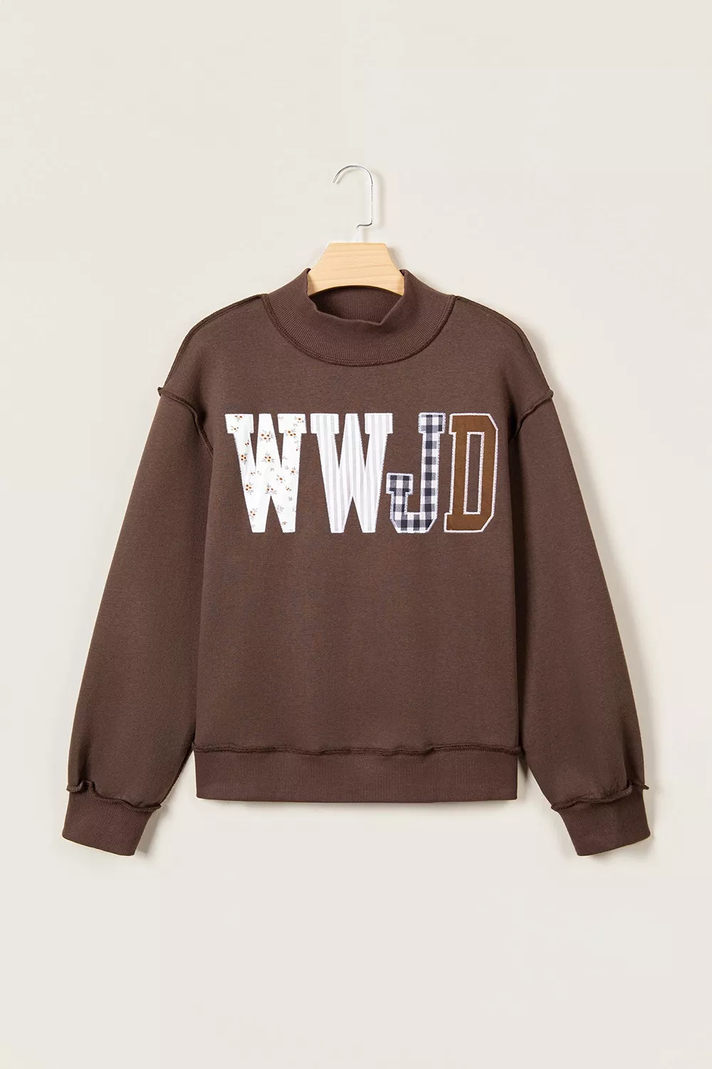 WWJD Mixed Pattern Embroidered Patch Graphic Mock Neck Sweatshirt, image 4