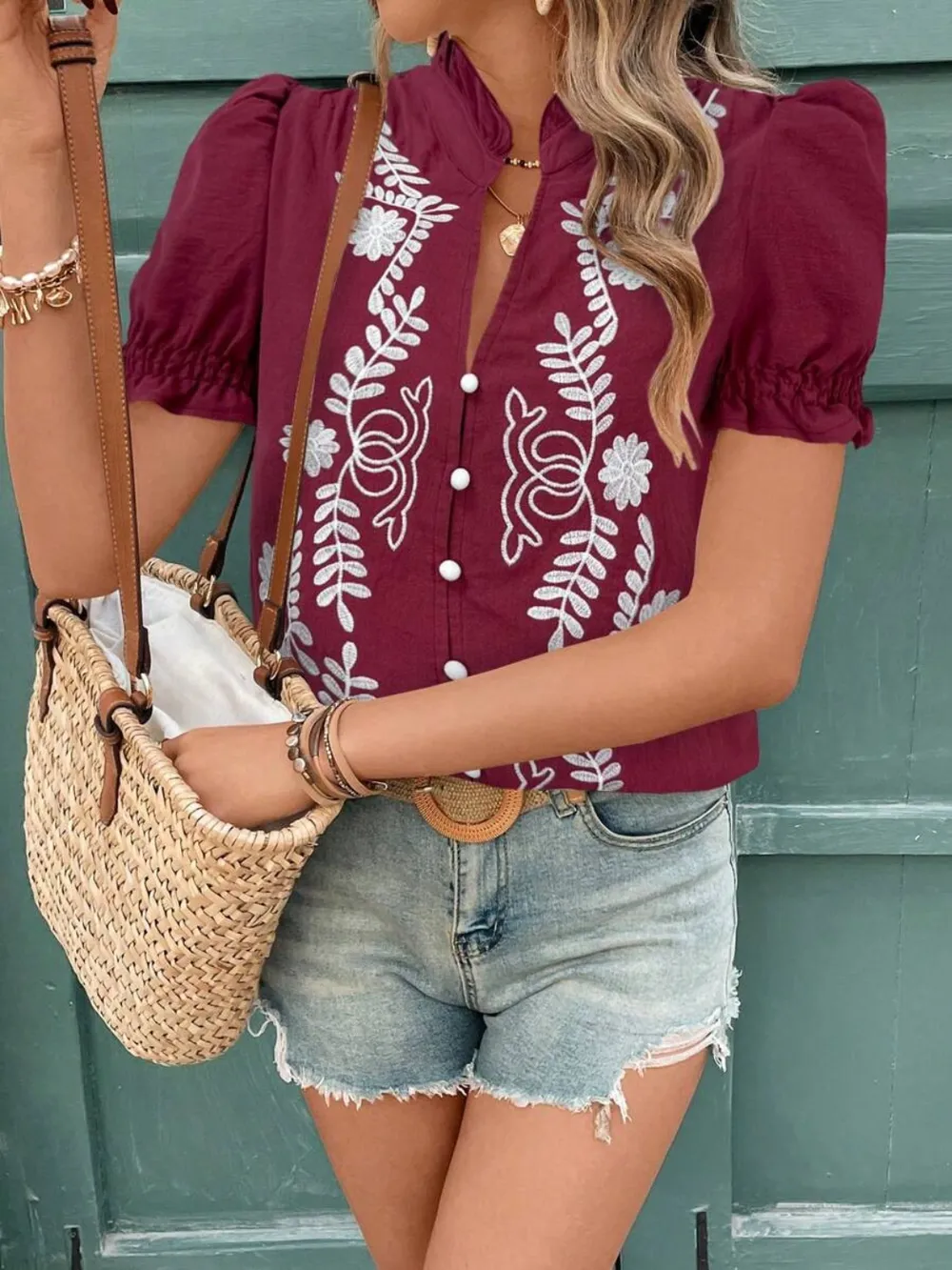 Embroidered Frill Notched Short Sleeve Blouse, image 17