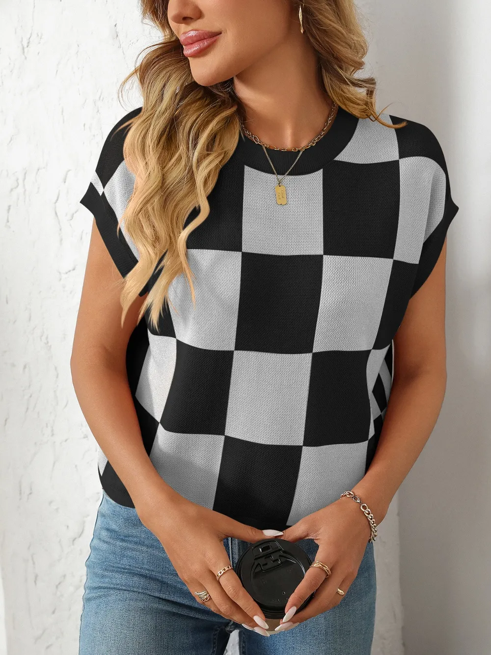 Checkered Round Neck Cap Sleeve Knit Top, image 30