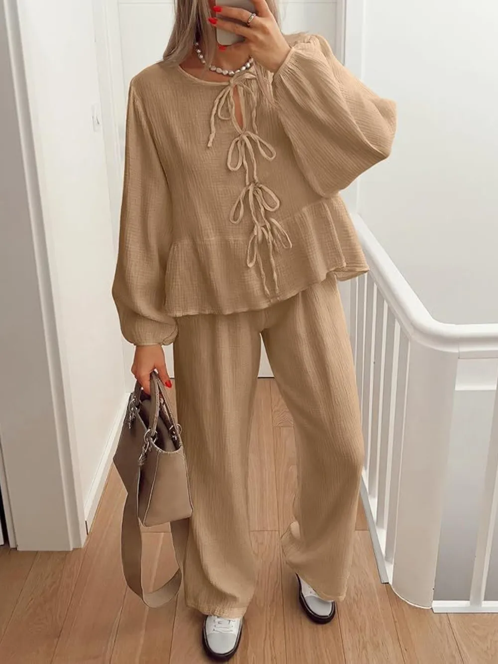 Tie Neck Balloon Sleeve Top and Pants Set, image 7